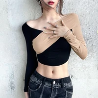 xuxi contrast stitching cropped t shirt women tight fitting long sleeved sexy strapless top t shirt spring autumn 2021 e3152