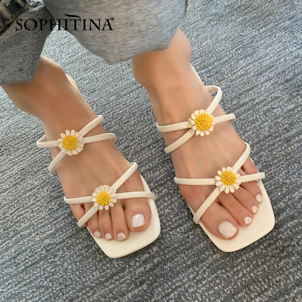 

SOPHITINA Summer Women Slippers Casual Outside Flower Narrow Band Leather Shoes Comfort French Commute Fashion Lady Shoes WO06