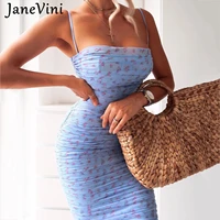 janevini summer mesh blue floral print women bodycon long dresses 2021strapless sexy backless slim fit knee length ruched dress