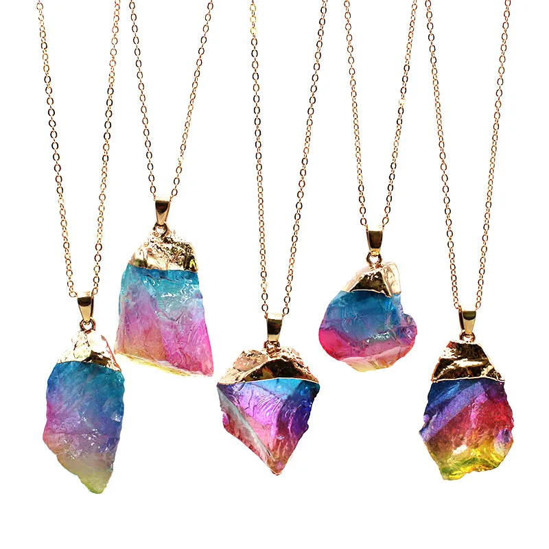 

Irregular Natural Crystal Stone Pendant Necklace For Women Rainbow Quartz Reiki Healing Necklaces With Gold Plating