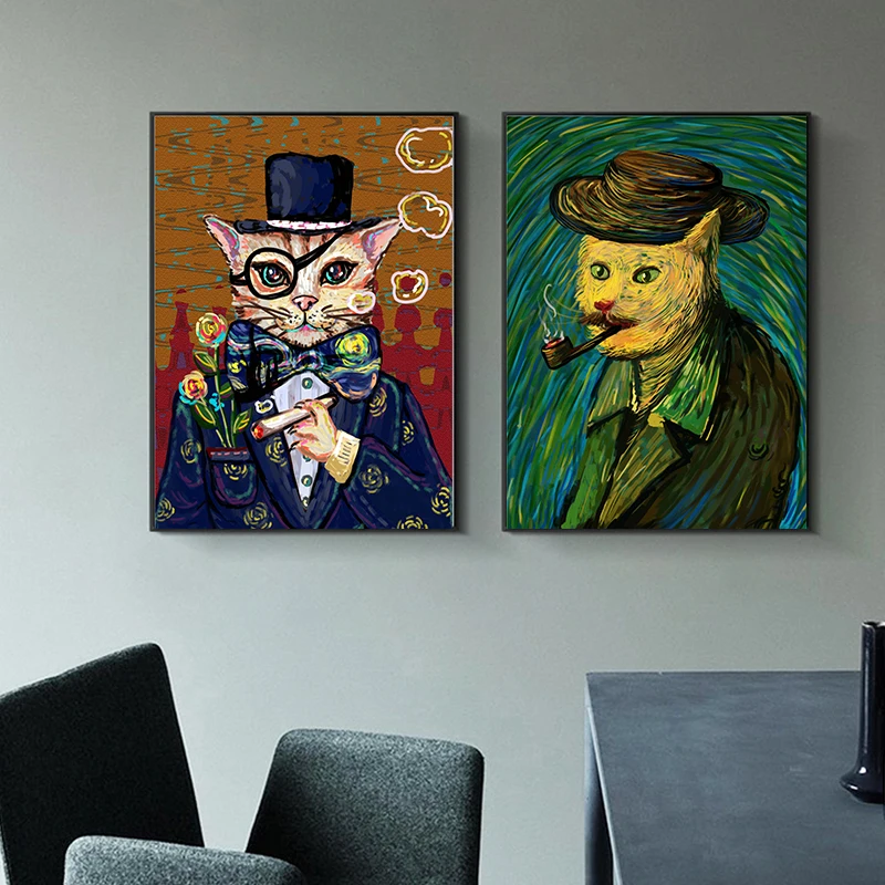 Винтажная Картина на холсте мультяшный портрет кардинал кот настенные