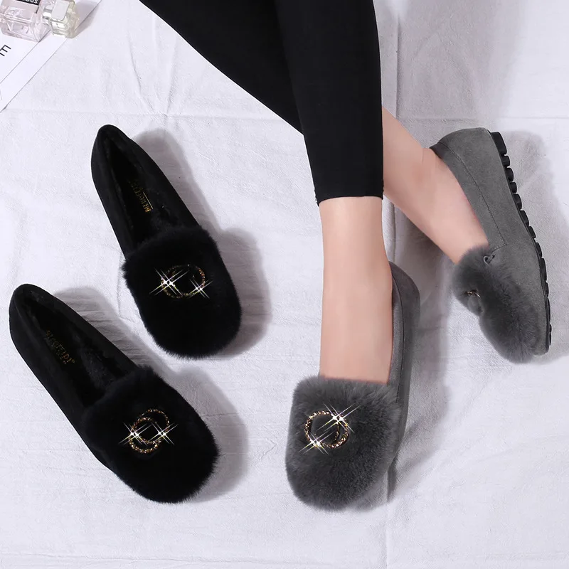 

Real Fur Cotton Shoes Woman Large Size 43 Warm Mink Fur Loafers Plush Women Flats Winter Shoes Slip On Crystal Ladies Moccasins