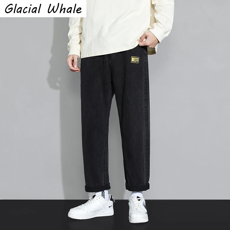 

Мужские прямые мешковатые джинсы GlacialWhale, новые мужские простые джинсовые брюки 2021 года, японская уличная одежда, черные широкие джинсы Harajuku...