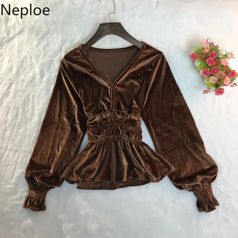 Neploe, v-образный вырез, тонкая талия, рукав-фонарик, бархатная блузка для женщин, элегантные оборки, длинный рукав, Blusas Mujer, облегающая короткая рубашка 46384