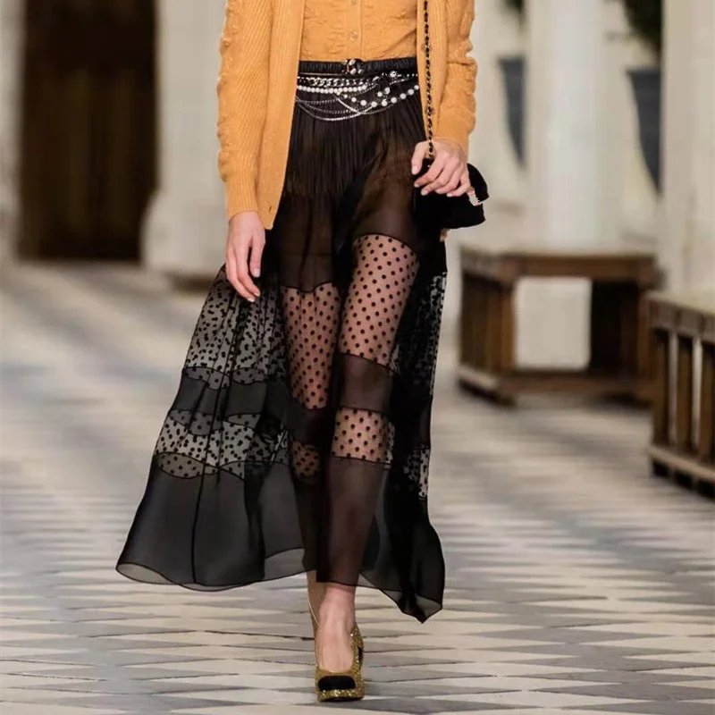 

High Waist Black Sheer Skirt Fashion Retro Women Runway Designer See Through Polka Dot Organza Mesh Long Maxi Skirts 2021