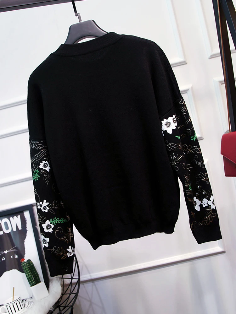 9.19 2019 Autumn Winter New women flower print long sleeve knitted sweaters coat + casual pants two-piece set | Женская одежда