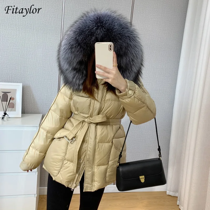 

Fitaylor/зимняя куртка с капюшоном и большим воротником из натурального меха, Женская приталенная куртка на утином пуху с высокой талией, водон...