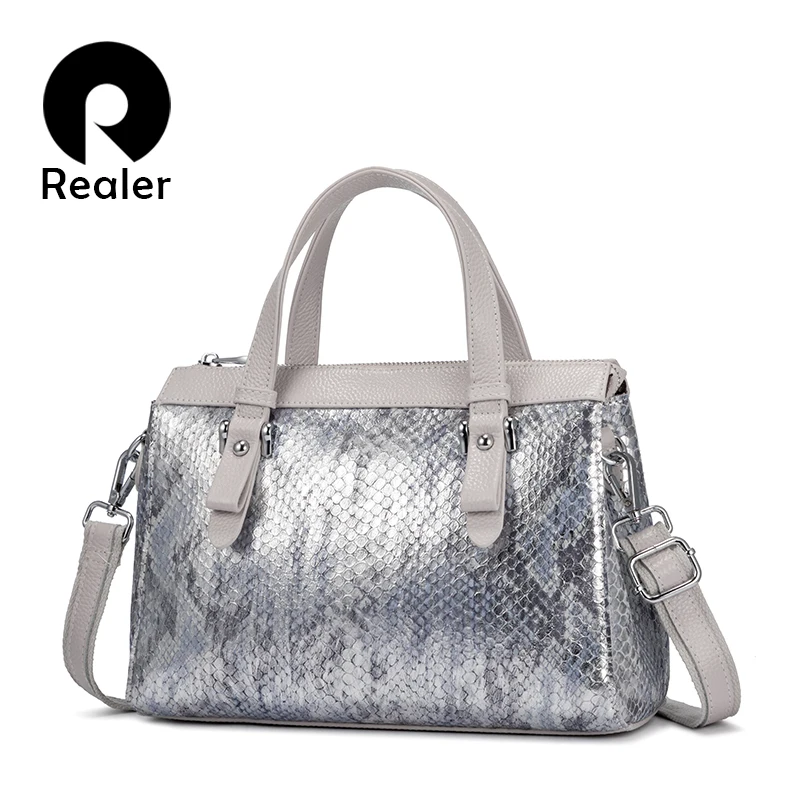 Сумка REALER из натуральной кожи под змеиную кожу женские большие сумки на плечо