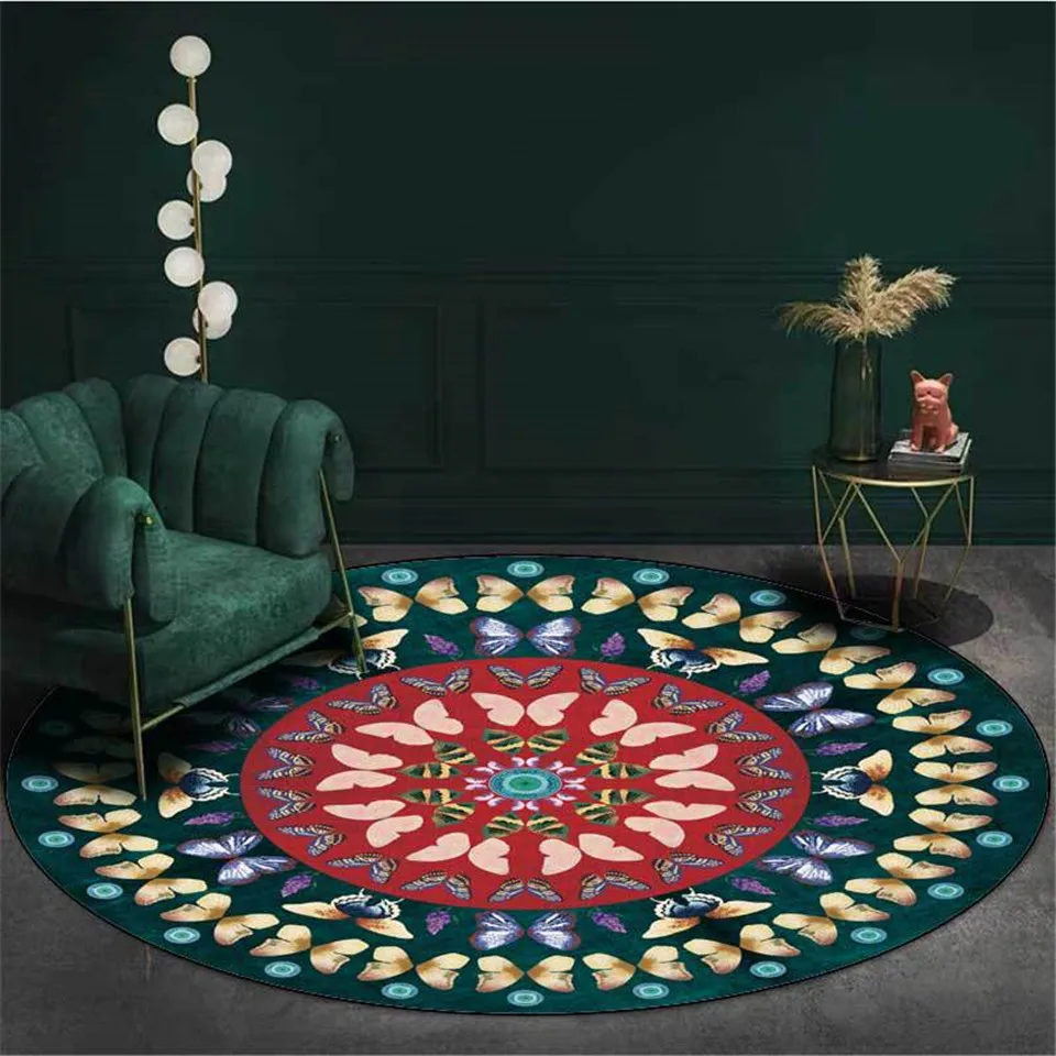 

Wishstar Red Green Butterfly Room Carpet Chinese Ethnic Style Abstract Round Rug Carpet Bedside Mat Bedroom Modern Fashion