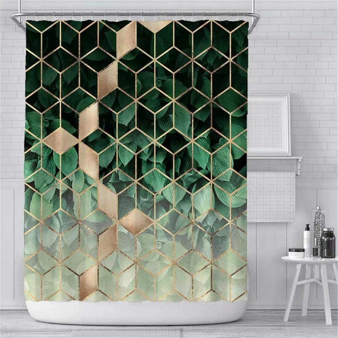 

Geometric Green Leaves Fabric Textured Waterproof Shower Curtain for Bathroom