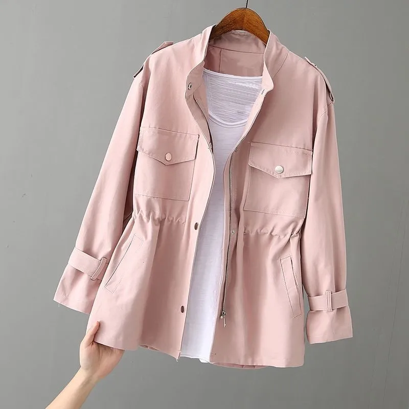 

Women's Windbreaker 2020 Autumn New Korean Wild Loose Stand-Collar Fashion Pink Jacket Female Student Windbreaker Coat Lining 96