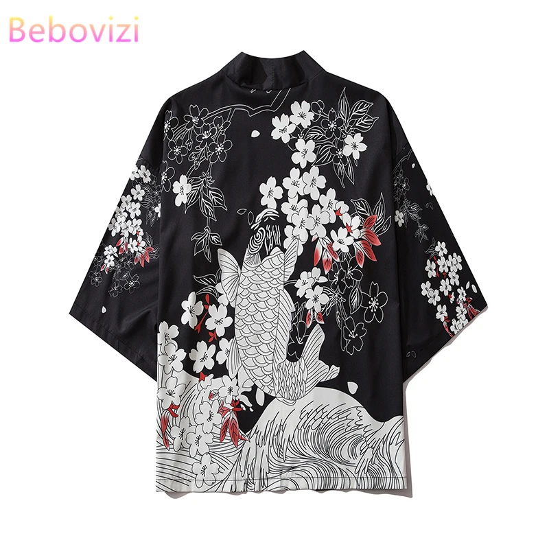 

17 Style Carp Print Black Men and Women Cardigan Blouse Haori Obi Asian Clothes Samurai Kimono Harajuku Japanese Fashion