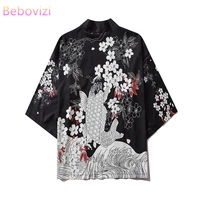 17 style carp print black men and women cardigan blouse haori obi asian clothes samurai kimono harajuku japanese fashion