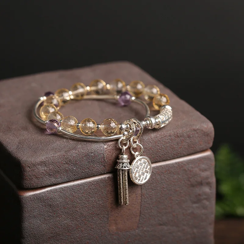 

OMHXZJ Wholesale CS04 Fashion Woman Party Birthday Gift Natural Amethyst Citrine Beads Tassel 100% 925 Sterling Silver Bracelet