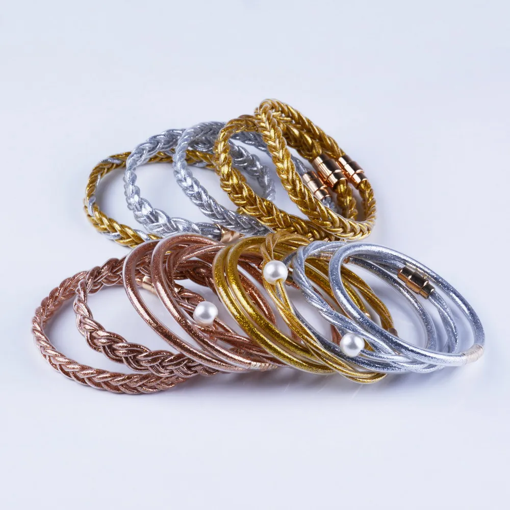 

Rainbery Handmade Weave Gold Glitter Charm Wrap Leather Bracelets for Women Girls Bangles Magnet buckle Jewellery Pulseras Mujer