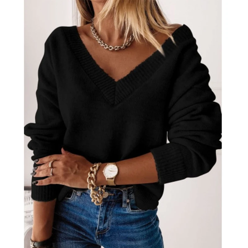 

Повседневный джемпер с V-образным вырезом, Свободный вязаный свитер, Женский уличный Топ с длинным рукавом, Осень-зима 2021, свободные пуловер...