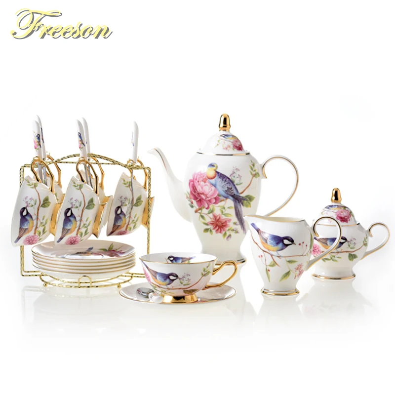 

Pastoral porcelain tea set, china coffee set with bird bone, porcelain, ceramic, sugar cup, coffee pot tea cup set