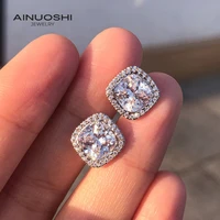 ainuoshi square cushion cut 8x8mm sona diamond fashion simple halo stud earrings for exquisite 925 sterling silver party gift