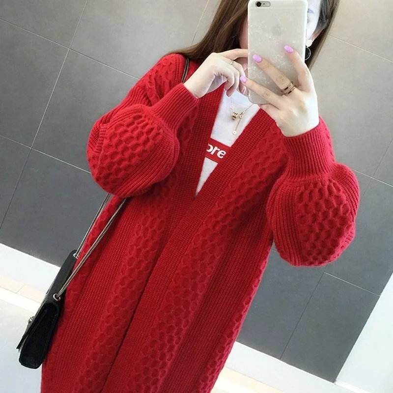 

Red Long Sweater Cardigans Women 2022 New Lantern Sleeve Open Stitch Oversized Sweaters Winter Clothes Knit Cardigan Christmas