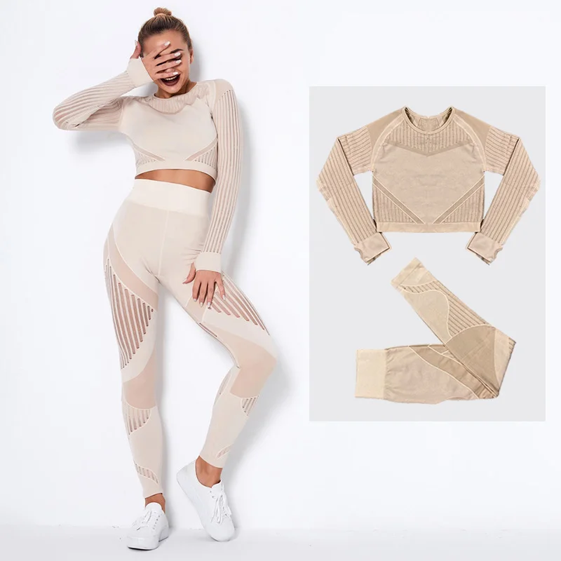 Бесшовный Набор для йоги женская одежда фитнеса полый укороченный Топ с длинным