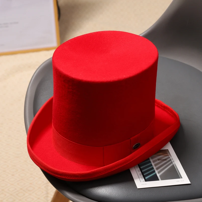 GEMVIE 17cm 100% Wool Felt Red Top Hat Costume Fedora Cylinder Hat for Women/Men Topper Mad Hatter Party Derby Magician Hat