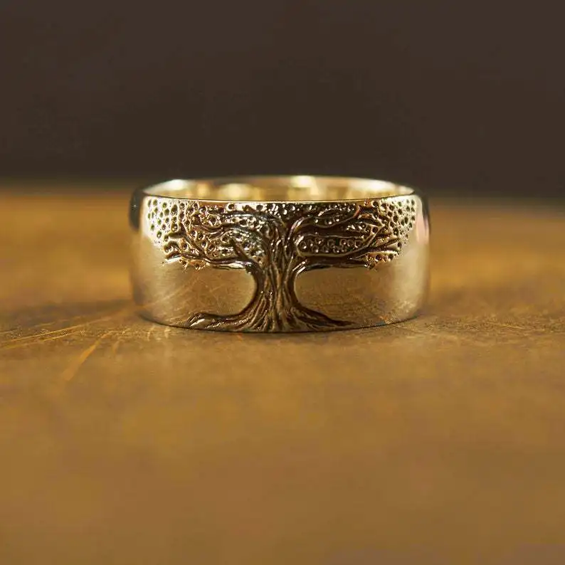 

Vintage Fashion New Hot Sale Gold Color Ring Carved Tree of Life Jewelry for Women Girl Party Jewelry Gift