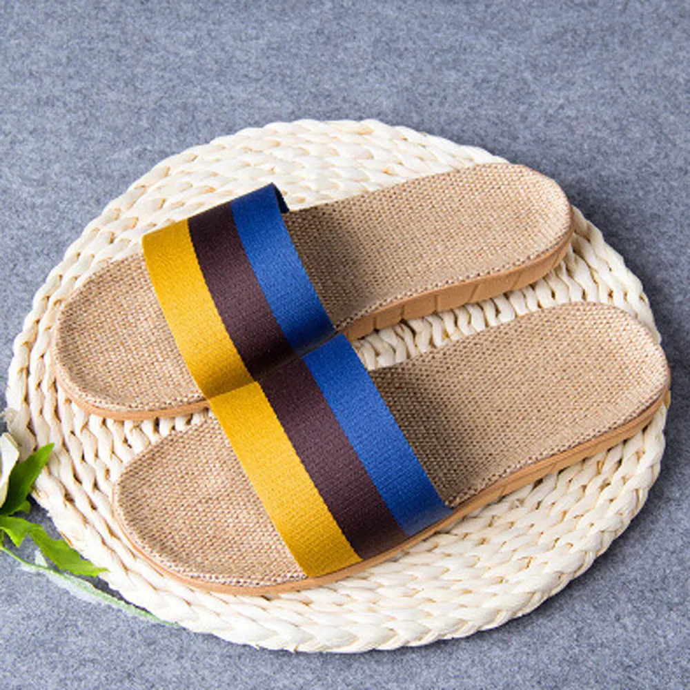 Женские и мужские Нескользящие льняные домашние летние туфли на плоской подошве