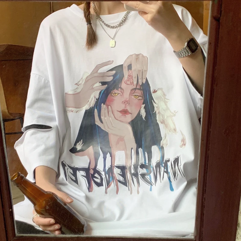 

Women Portrait Printing Half Sleeve T-shirt Hip-Hop Harajuku Summer Spring Streetwear Oversized Retro Female T Shirt