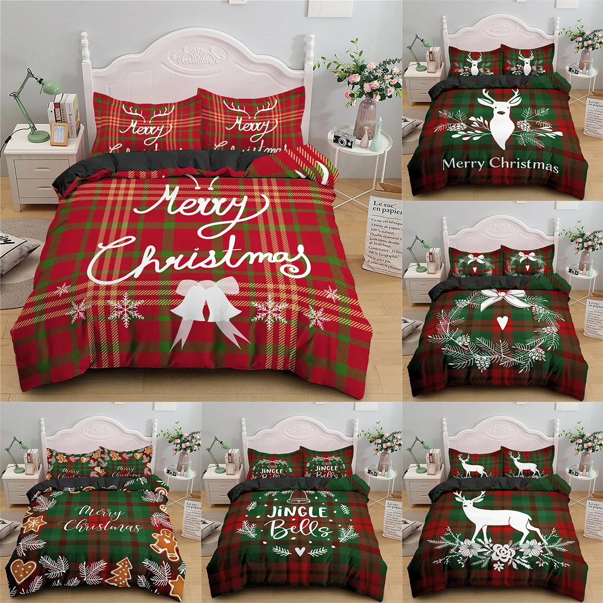 Merry Christmas Bedding Set Plaid Design Single Queen King Bed Quilt Cover Pillowcase Comforter Cover Bedclothes