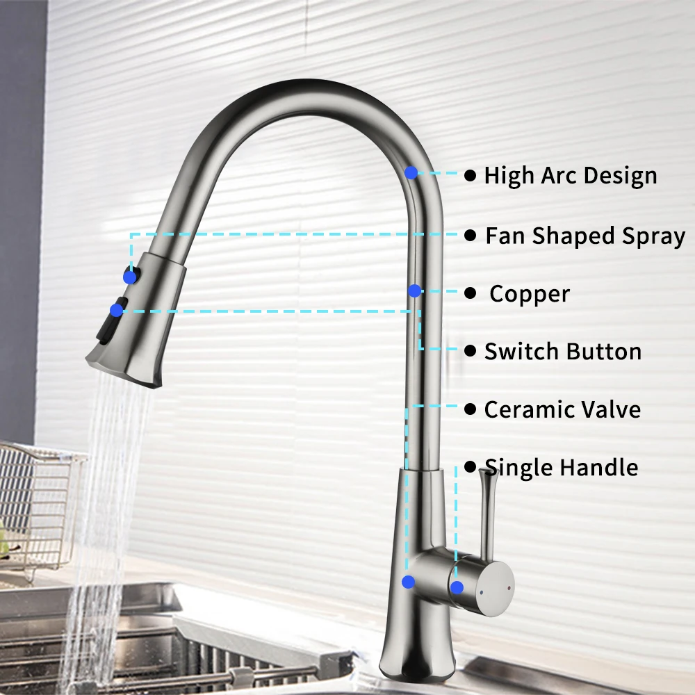 

New Kitchen Faucets with 3 Spray Modes High Arc Bathroom Basin Sink Faucets Pull Down Sprayer Water Tap Swivel Handle Water Tap