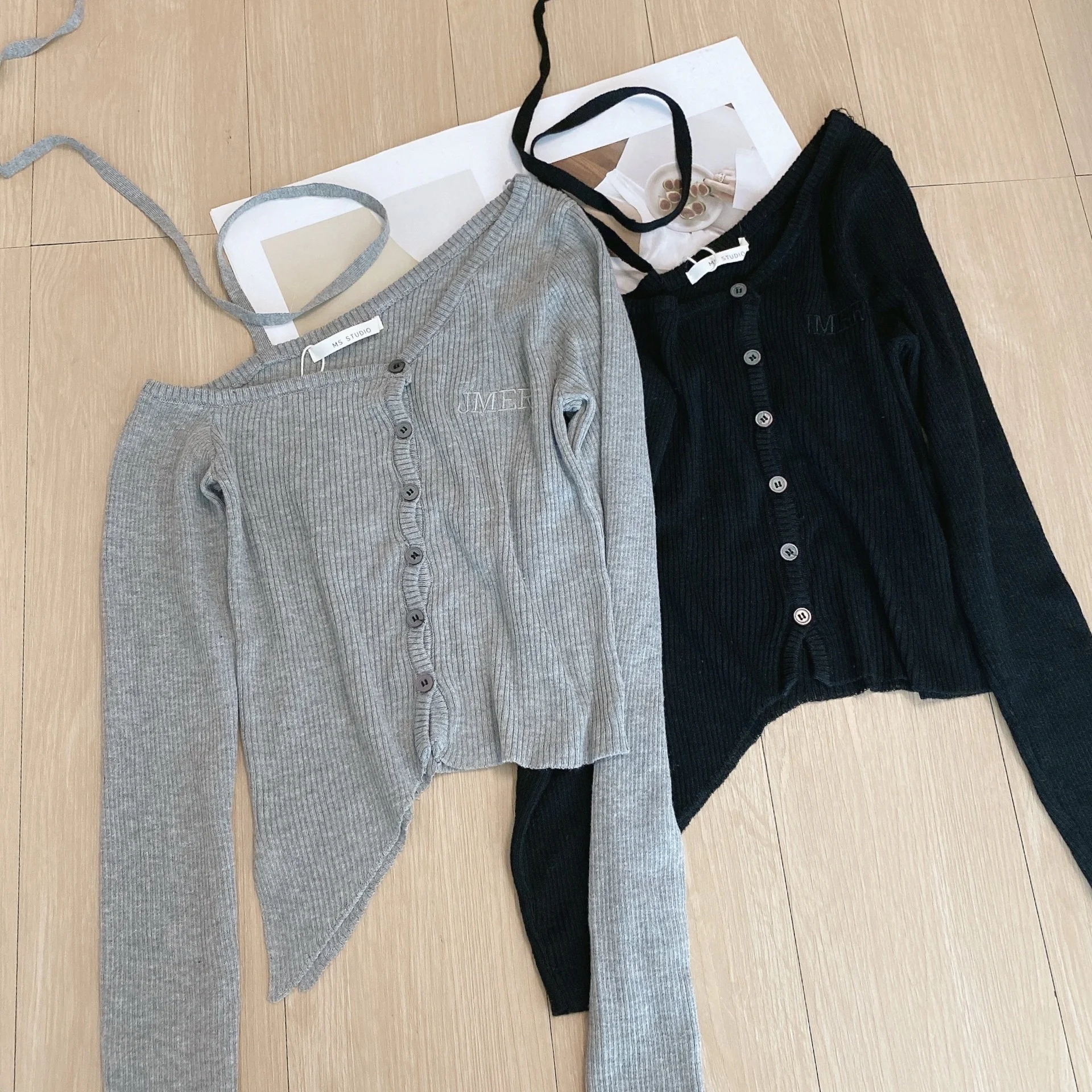 

hot girl cardigan early autumn long sleeve slim fit bottomed diagonal shoulder hanging neck shirts tops for blouse women