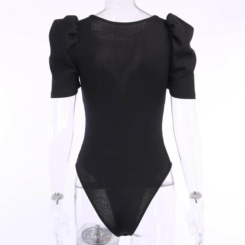 

XBUEN Button Bodysuits Summer 2021 Women High Street Pleated Puff Short Sleeve Overalls Female Sexy One piece Jumpsuit Y2K Tops