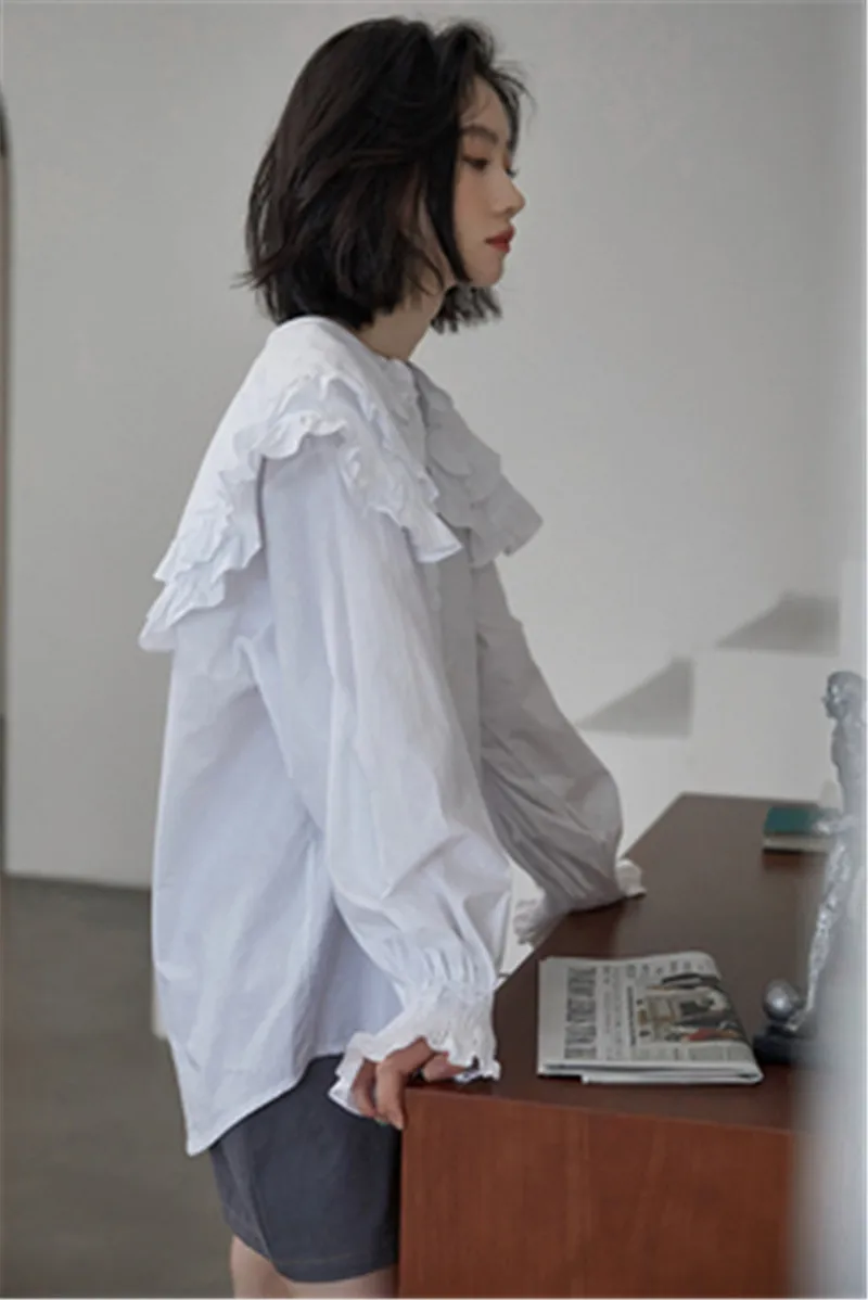 

Women Casual Blouse White Shirt Korean Style Vintage Sweet Peter Pan Collar Long-sleeved Ruffled Blusa Cotton Blouse Shirt 2020