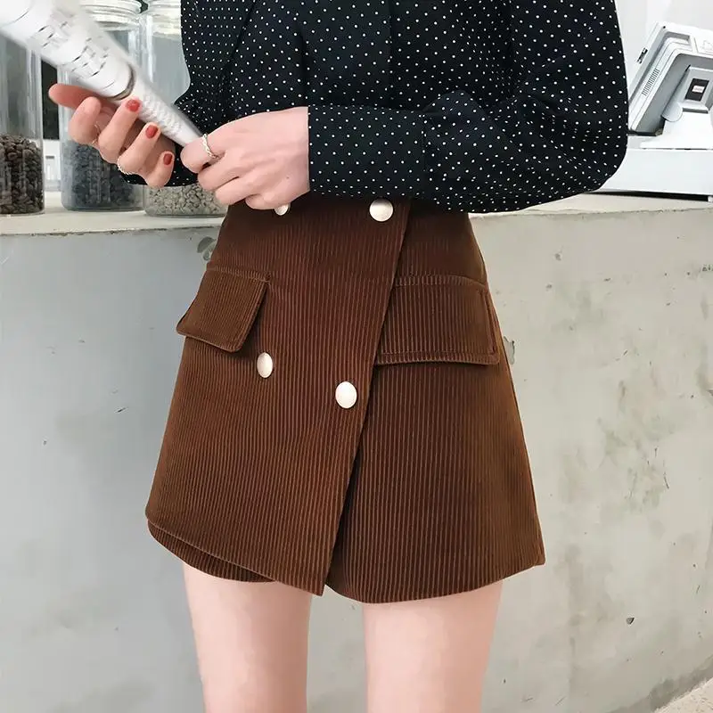 

Autumn Winter Corduroy Skirts Shorts Women High Waisted Wide Leg Booty Shorts Double Breasted Chores Para Mujer Short Pants