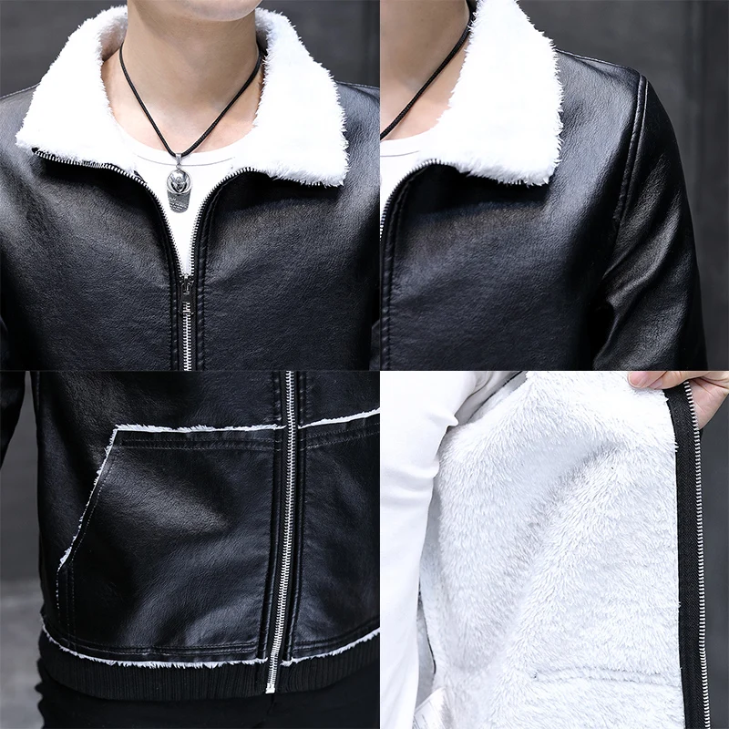 

Autumn and Winter The New Leather Jacket Coat Men Plus Velvet Thickened Pu Leather Warm Fashion Men Leather Jacket