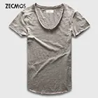 Футболка Zecmos мужская с V-образным вырезом, модная Роскошная хлопковая Однотонная рубашка с изогнутым подолом, с коротким рукавом