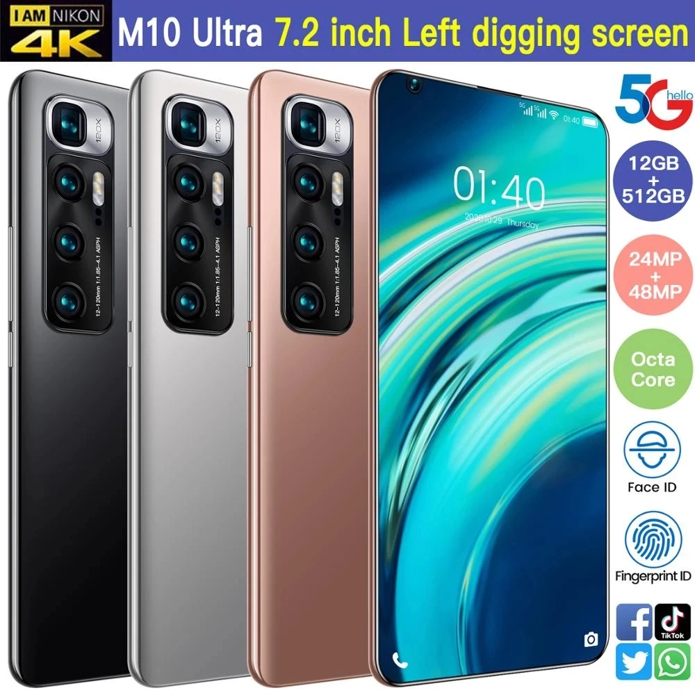 

Smartphone 5G M10 Ultra Global Version 12G 512G MTK6889+ Deca Core 6000mAh 7.2 Inch HD Screen New 48 MP Rear Camera Cellphone