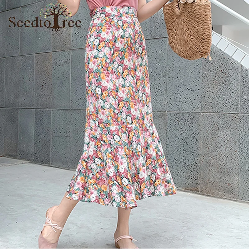 

Summer New Style Women's Korean Fashion Floral Mermaid Skirt Mid-calf Long Skirt