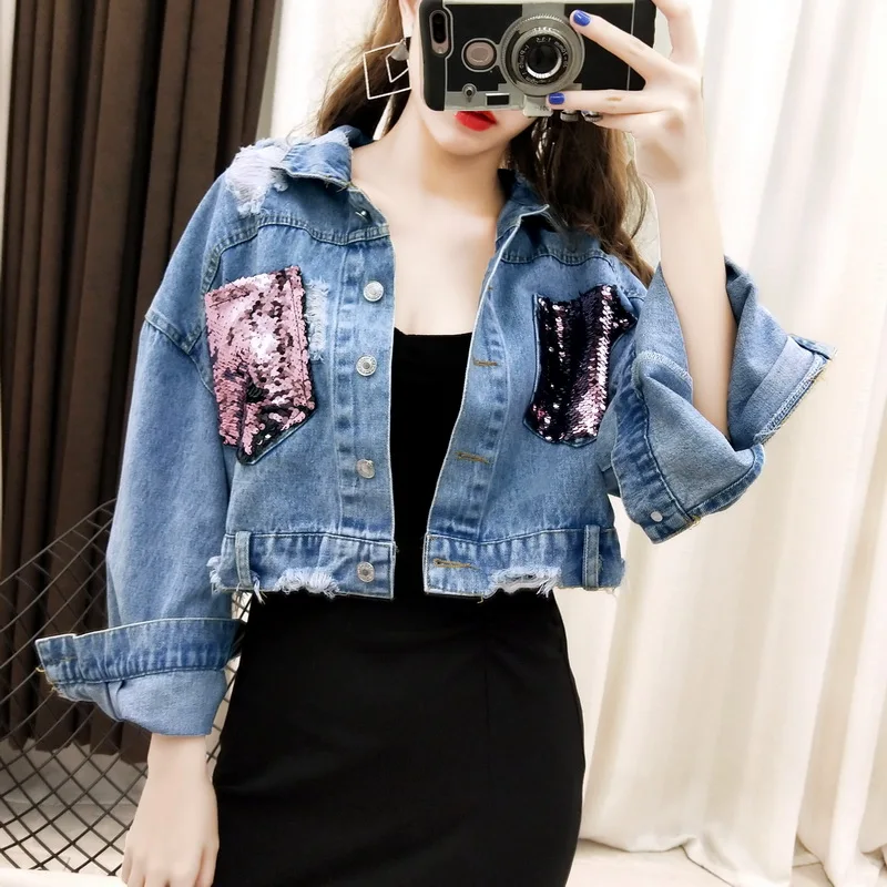 

Винтажная джинсовая куртка с карманами и блестками, женская повседневная короткая джинсовая куртка с длинным рукавом, модель b287 на весну и ...