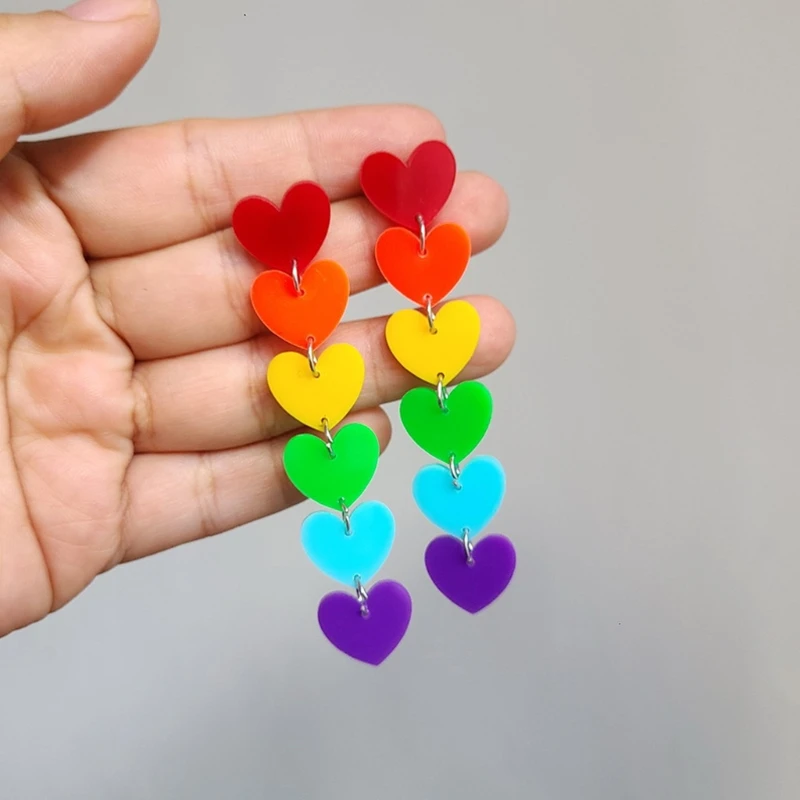 

Fashion Rainbow Long Tassel Acrylic Earrings Peach Heart Exaggerated Pendants 83XF