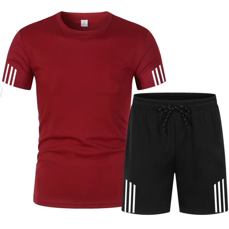 

2021 New Summer Casual Sportswear Men'S Fashion Short Sleeve T-Shirt + Shorts 2 Piece Fitness Sports Shirts Multicolor Matching