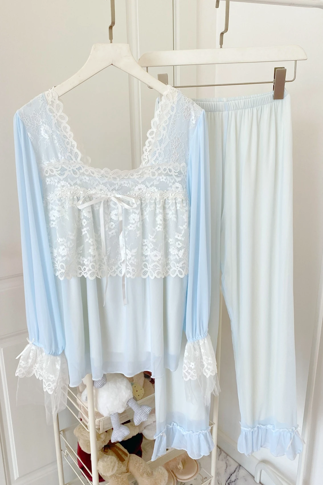 

Princess Lace Summer Pajamas Women Princess Style Korean Cotton Cute Home Suit Nightwear Bule Homewear Summer Lounge Pyjama