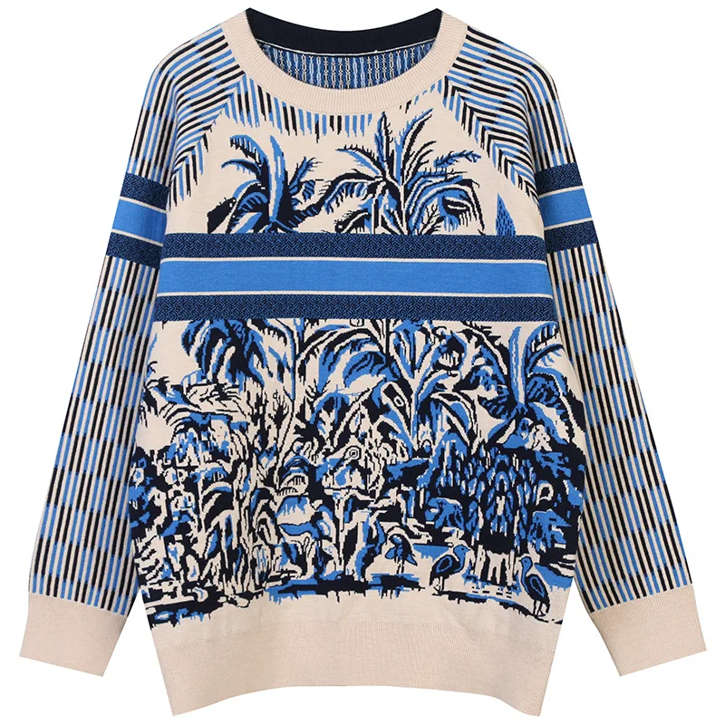

Retro winter sweater women's printed embroidery O-neck loose long-sleeved thick knitted women's sweater