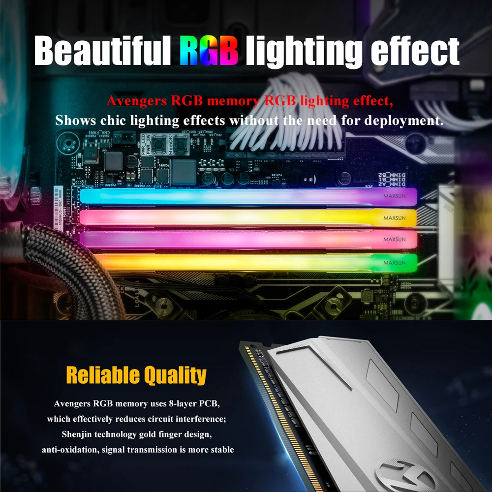 Модуль оперативной памяти MAXSUN с RGB-подсветкой ddr4 8 ГБ 3200 МГц интерфейс 288Pin