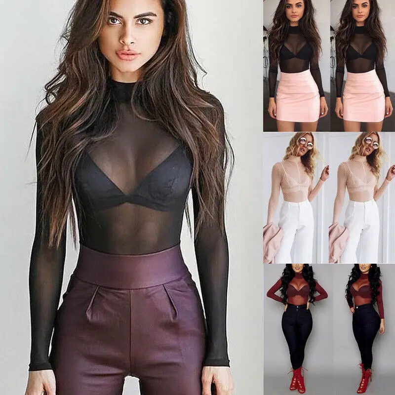 Women Long Sleeve Crew Neck Mesh See Through Solid Color Black/Red/Pink Slim Skinny Club Beach Bathing Bikini Cover Ups Tops | Женская