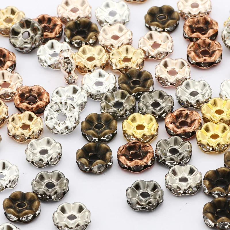 

50pcs Lace Rhinestone Rondelle Beads Czech Crystal Metal Spacer Beads For Jewelry DIY Making Necklace Bracelet 4 6 8 10mm
