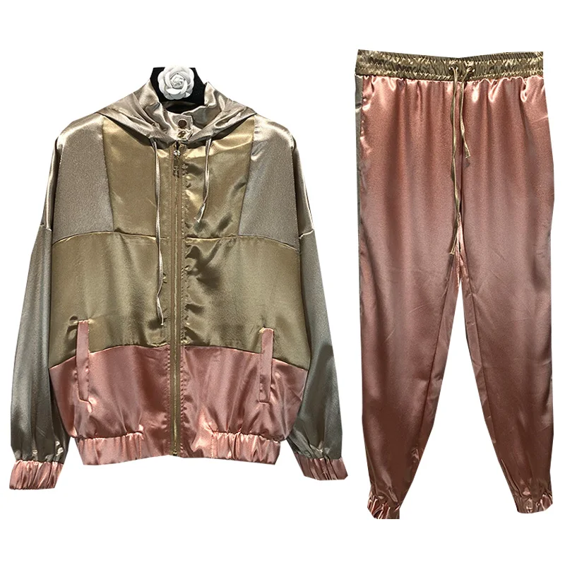 Gplus зимние повседневные брюки костюм женский спортивный пэчворк атласная куртка
