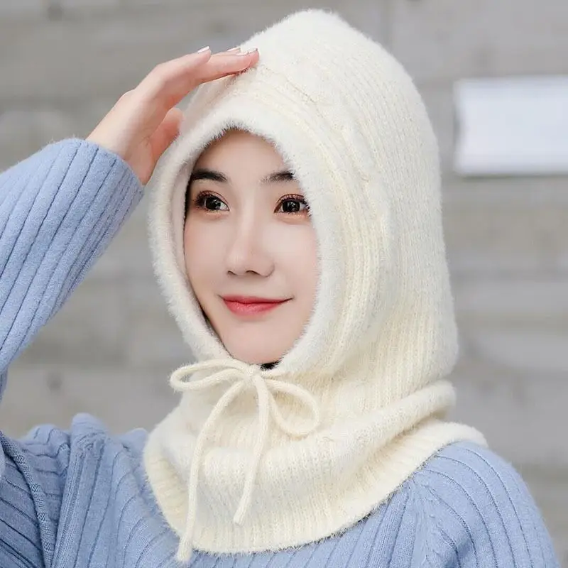 Зимние шерстяные вязанные шарф и шапка набор бини женский шарф Skullies Beanies шапки для женщин шапка s Gorras Bonnet маска цельная шапка - Цвет: Бежевый
