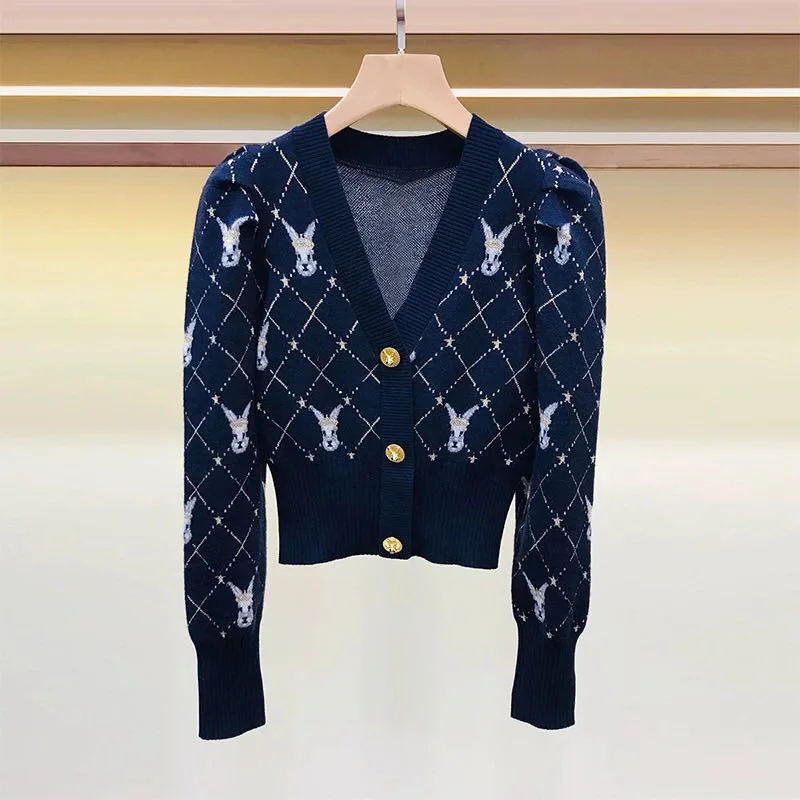 

High Quality Fashion Women Autumn Winter Vintage Sweet Cute Rabbit Lady V-Neck Thick Knitted Cardigan Sweater Jacket Coat Top