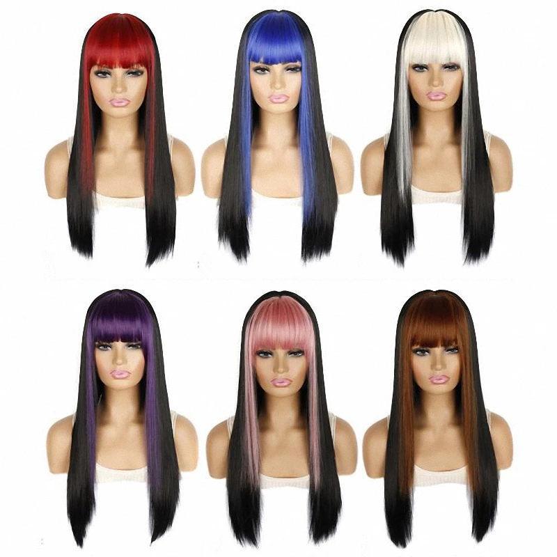 

Synthetic Wigs Long Straight With Bangs Cosplay Colorful Red Blue Black Machine Made None Lace Wig For Women Heat Resistant